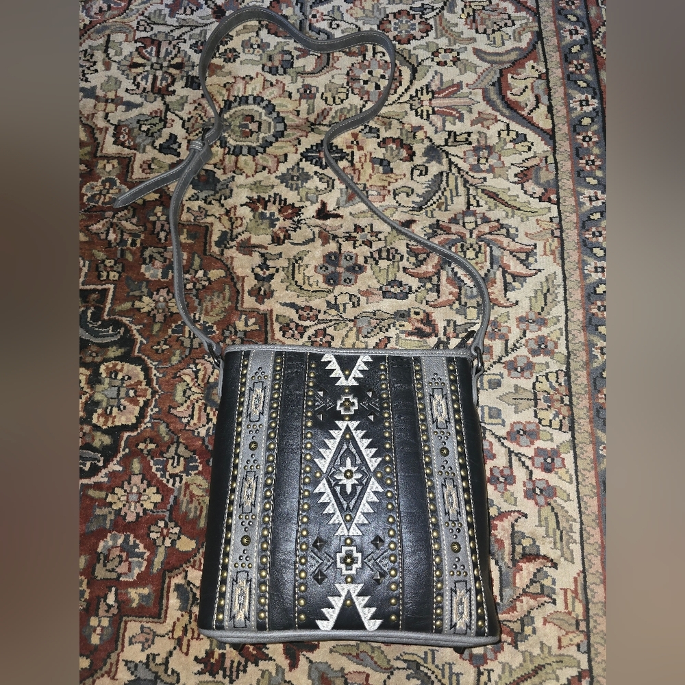 Studded Montana West Aztec Black and Gray Patterned Crossbody Bag